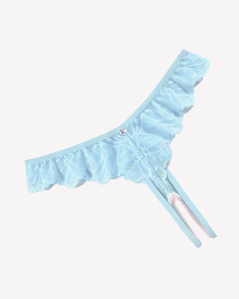 Blue lace thong panties with criss-cross design and ruffle details