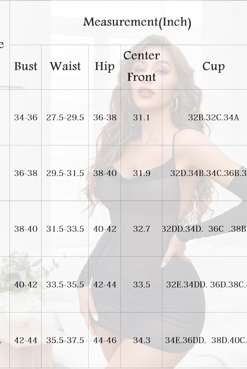 Sheer mesh lingerie dress size chart: bust, waist, hip, and cup measurements in inches.