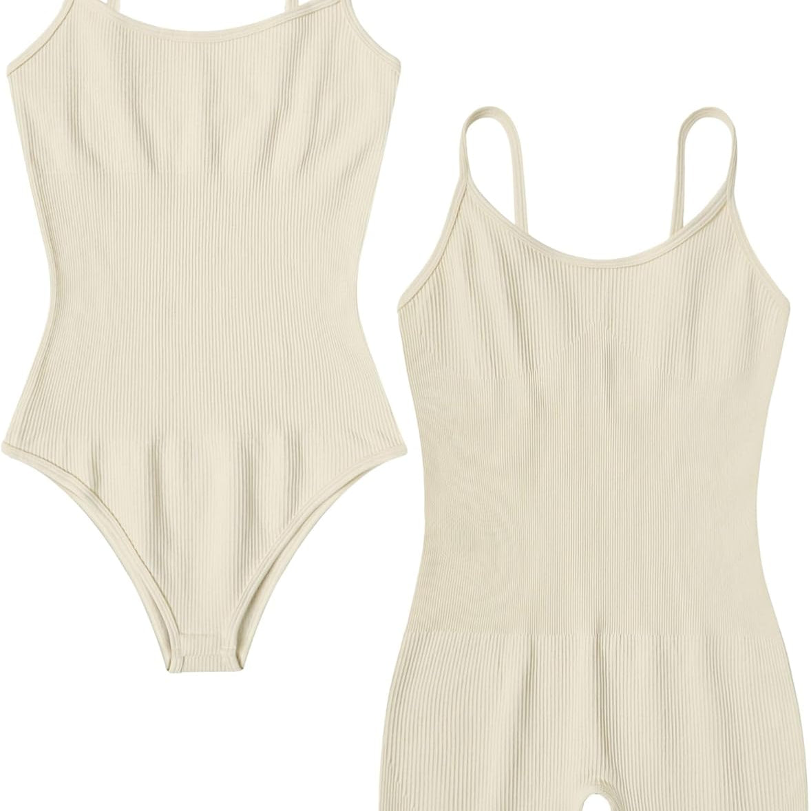 Beige ribbed tummy control romper, two-piece flat lay showing scoop neck and thin straps