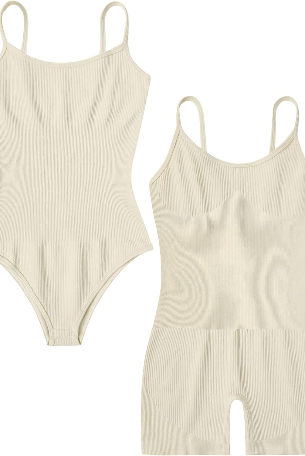 Beige ribbed tummy control romper, two-piece flat lay showing scoop neck and thin straps