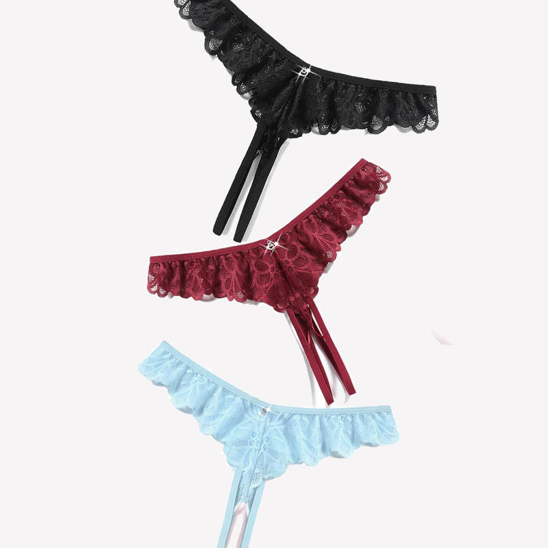 Lace thong briefs in black, burgundy, and light blue with criss-cross design and rhinestone details