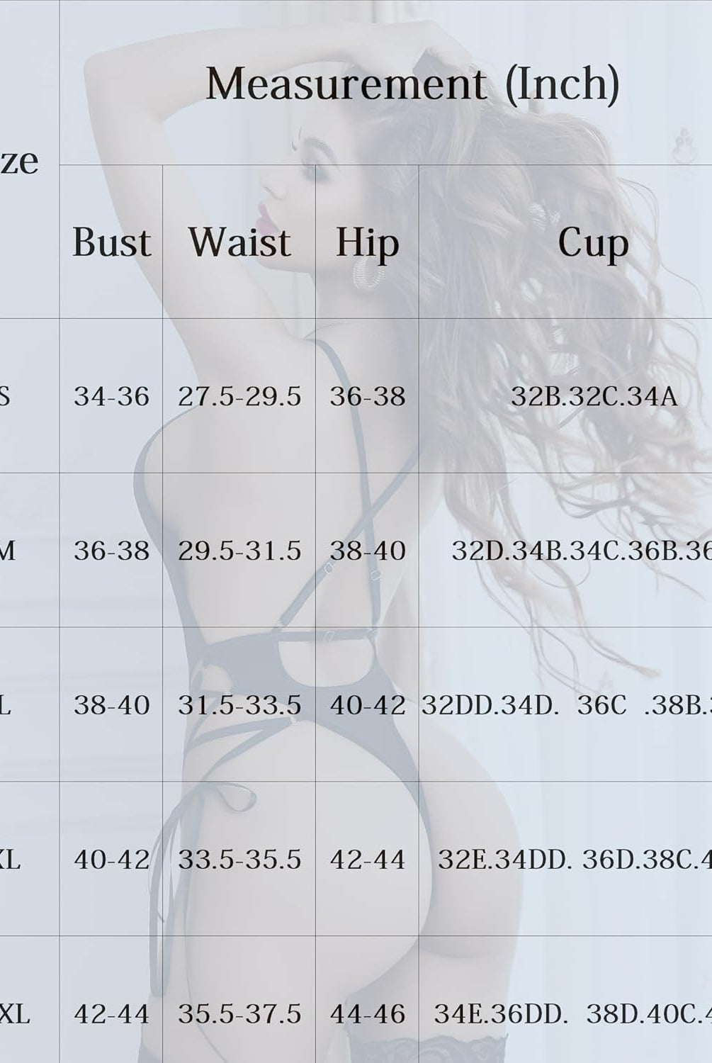 Lace bodysuit lingerie size chart: bust, waist, hip, and cup measurements for sizes S to XXL.