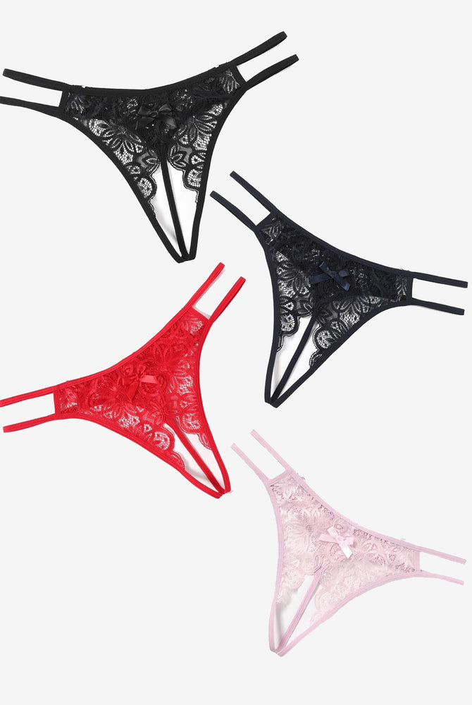 Floral lace briefs with cute bow in black, red, and pink. Sexy, low-rise design.