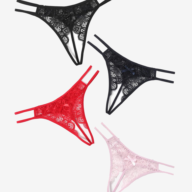 Floral lace thong briefs set with cute bow, in black, red, and pink
