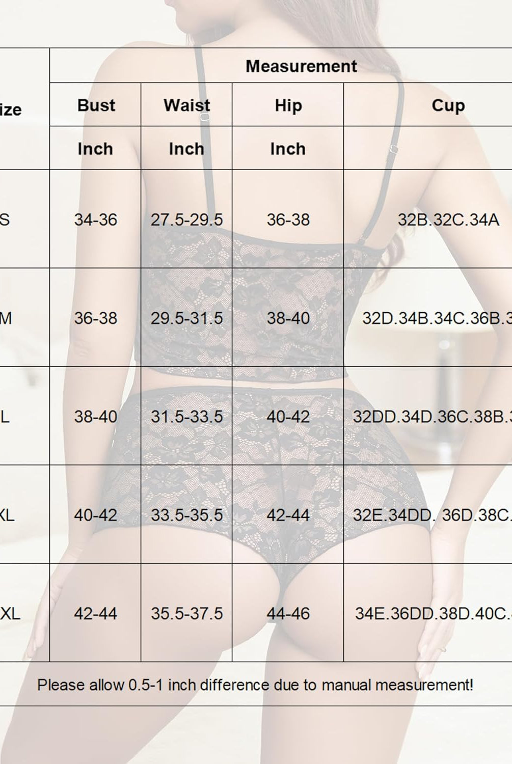 Sheer lace bralette set size chart: bust, waist, hip, and cup measurements for sizes S-XXL