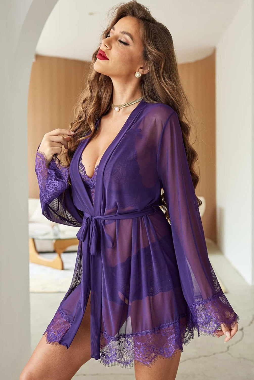 Avidlove purple 3 piece lingerie set: sheer kimono robe, lace bra and panty, perfect sleepwear