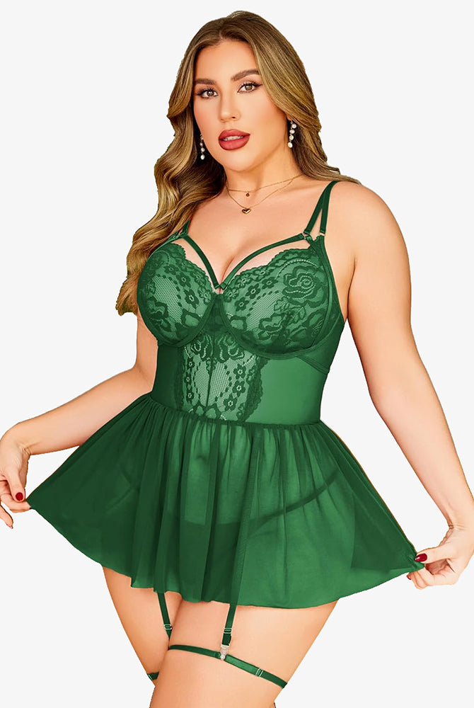 Plus Size Green Lace Babydoll Lingerie Set with Garter Belt, Adjustable Straps