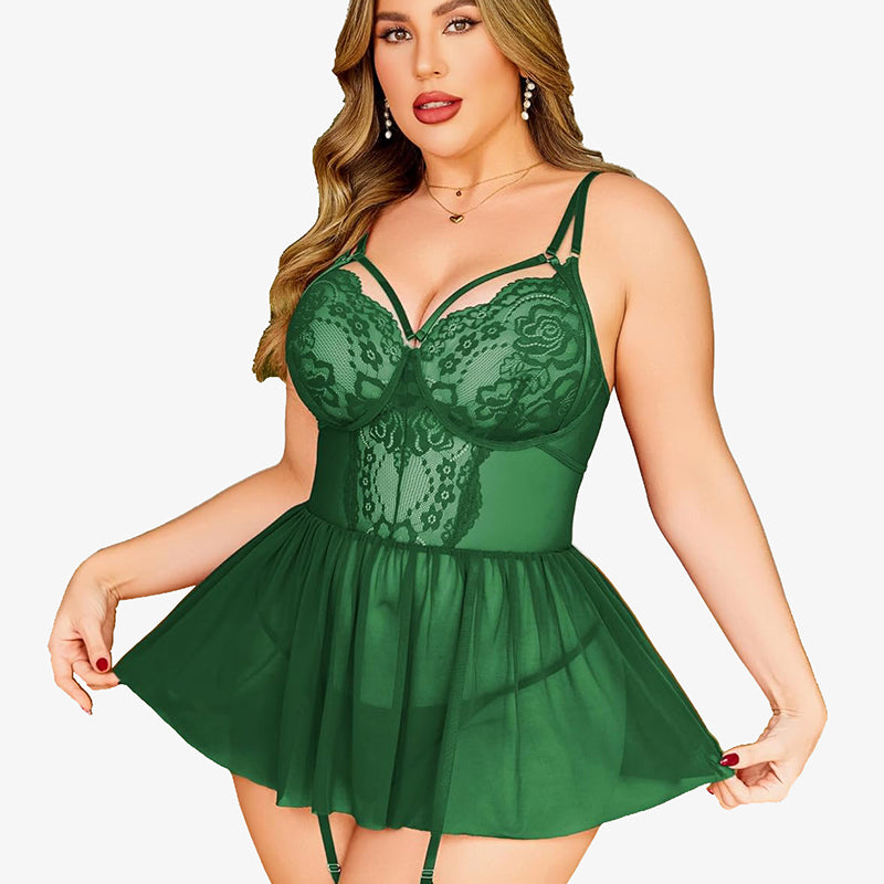Plus Size Green Lace Babydoll Lingerie Set with Garter Belt, Adjustable Straps