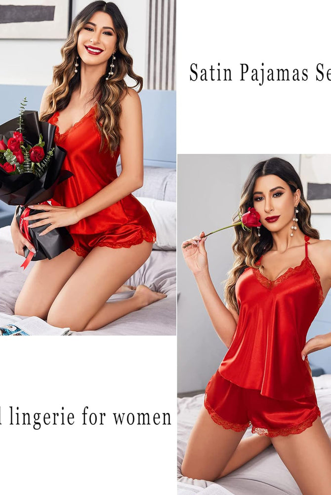 Red satin pajama set for women with lace trim - comfortable and elegant sleepwear, available now