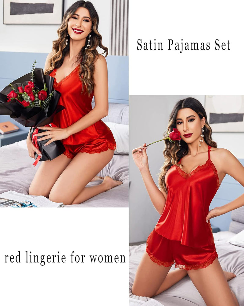 Red satin pajama set for women with lace trim - comfortable and elegant sleepwear, available now