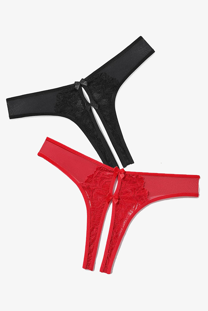 Mesh panties briefs with cute bows in black and red, featuring lace and mesh, designed for charm.