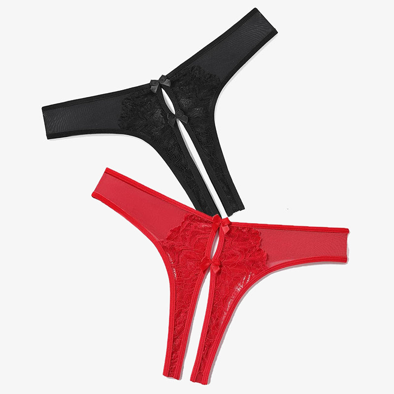 Mesh panties briefs with cute bows in black and red, featuring lace and mesh, designed for charm.