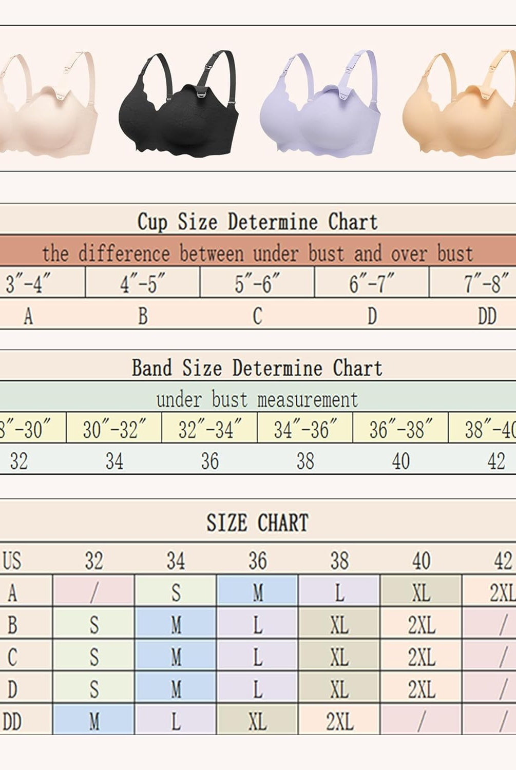 Maternity nursing bra size chart with bra styles in beige, black, purple.