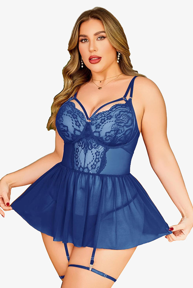 Navy blue plus size lace babydoll lingerie set with garter belt and adjustable straps