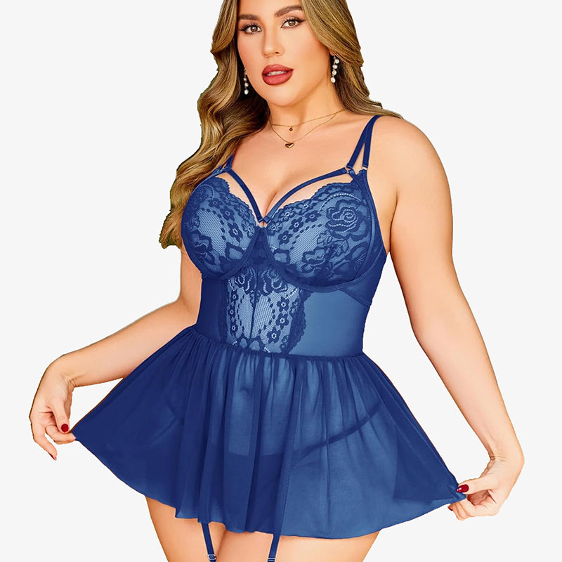 Navy blue plus size lace babydoll lingerie set with garter belt and adjustable straps