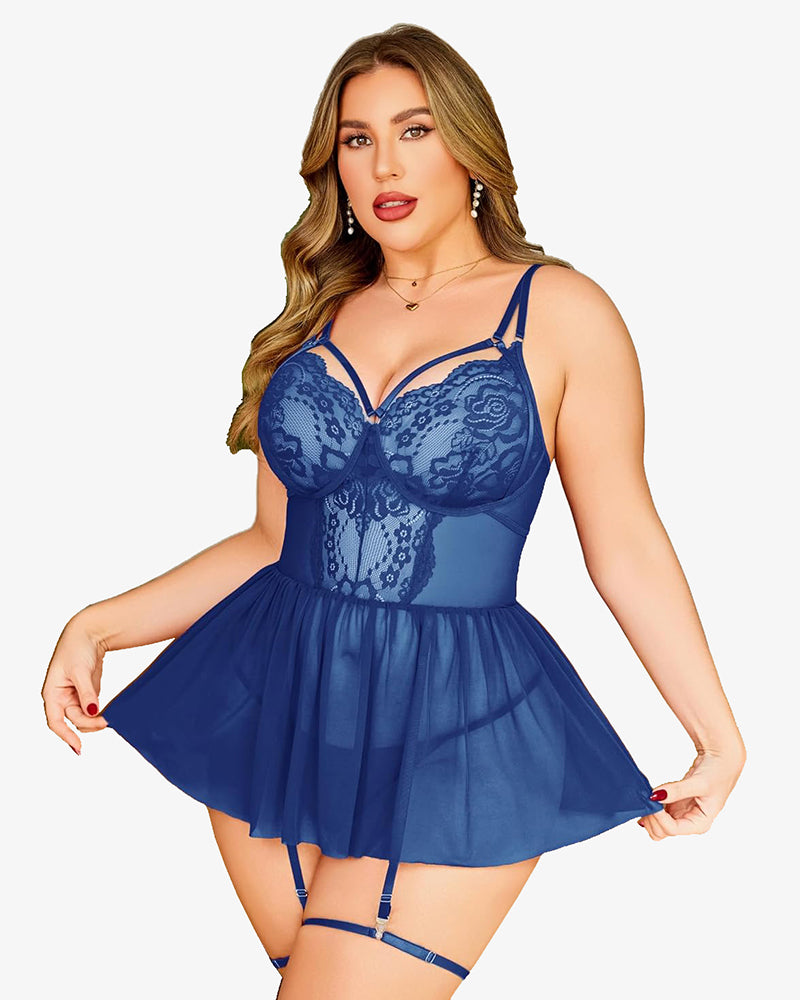 Navy blue plus size lace babydoll lingerie set with garter belt and adjustable straps