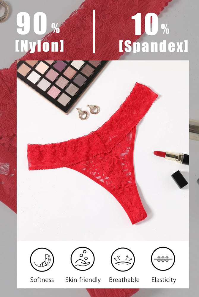 Red lace Brazilian panty, Nylon and Spandex blend. Soft, breathable, and elastic. Sexy lingerie.