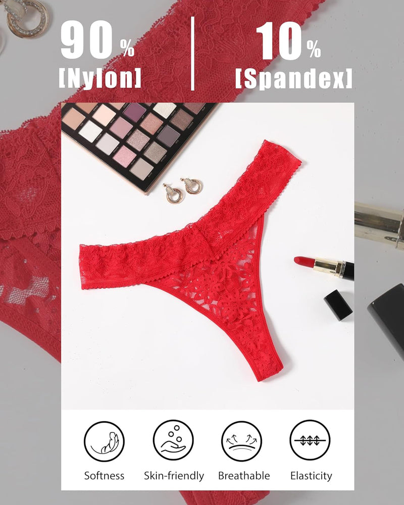 Red lace Brazilian panty, Nylon and Spandex blend. Soft, breathable, and elastic. Sexy lingerie.