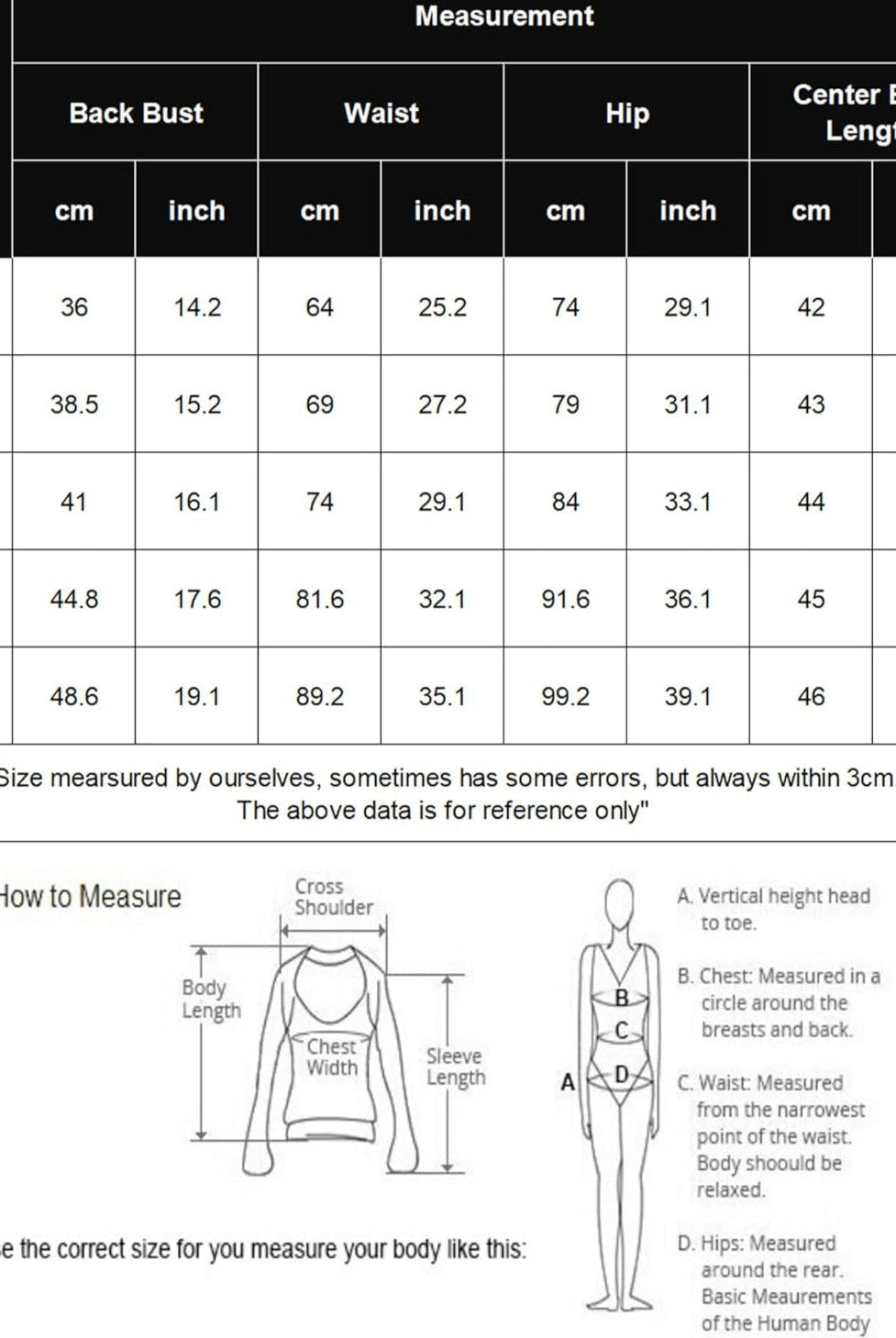 Size measurement chart with back bust, waist, hip, and center back lengths