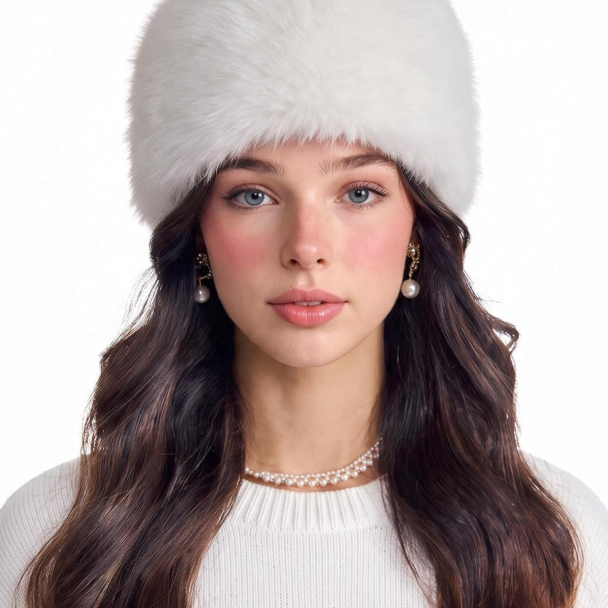 White faux fur cossack hat with plush rounded crown and ear-covering brim