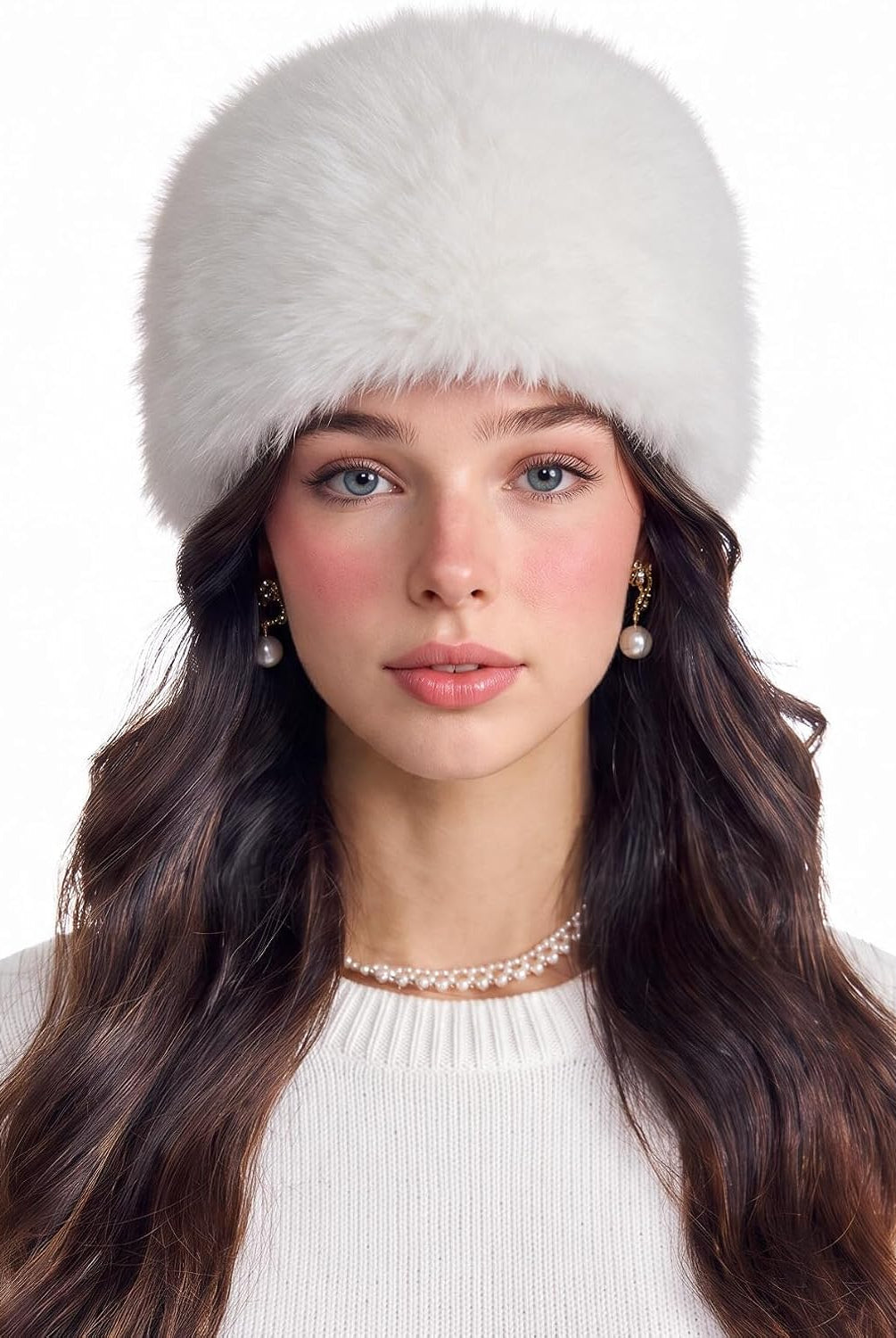 White faux fur cossack hat with plush rounded crown and ear-covering brim