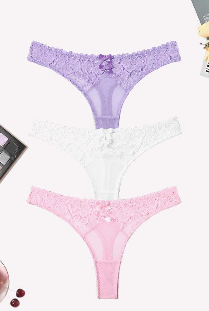 Mesh lace thongs in purple, white, and pink with bow detail, low waist panties, elegant lingerie