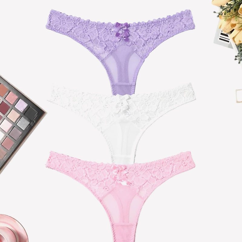 Mesh lace thongs in purple, white, and pink with bow detail, low waist panties, elegant lingerie