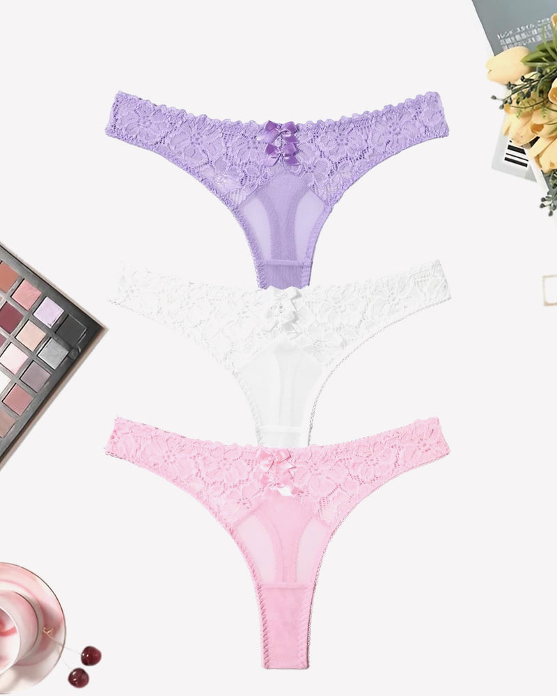Mesh lace thongs in purple, white, and pink with bow detail, low waist panties, elegant lingerie