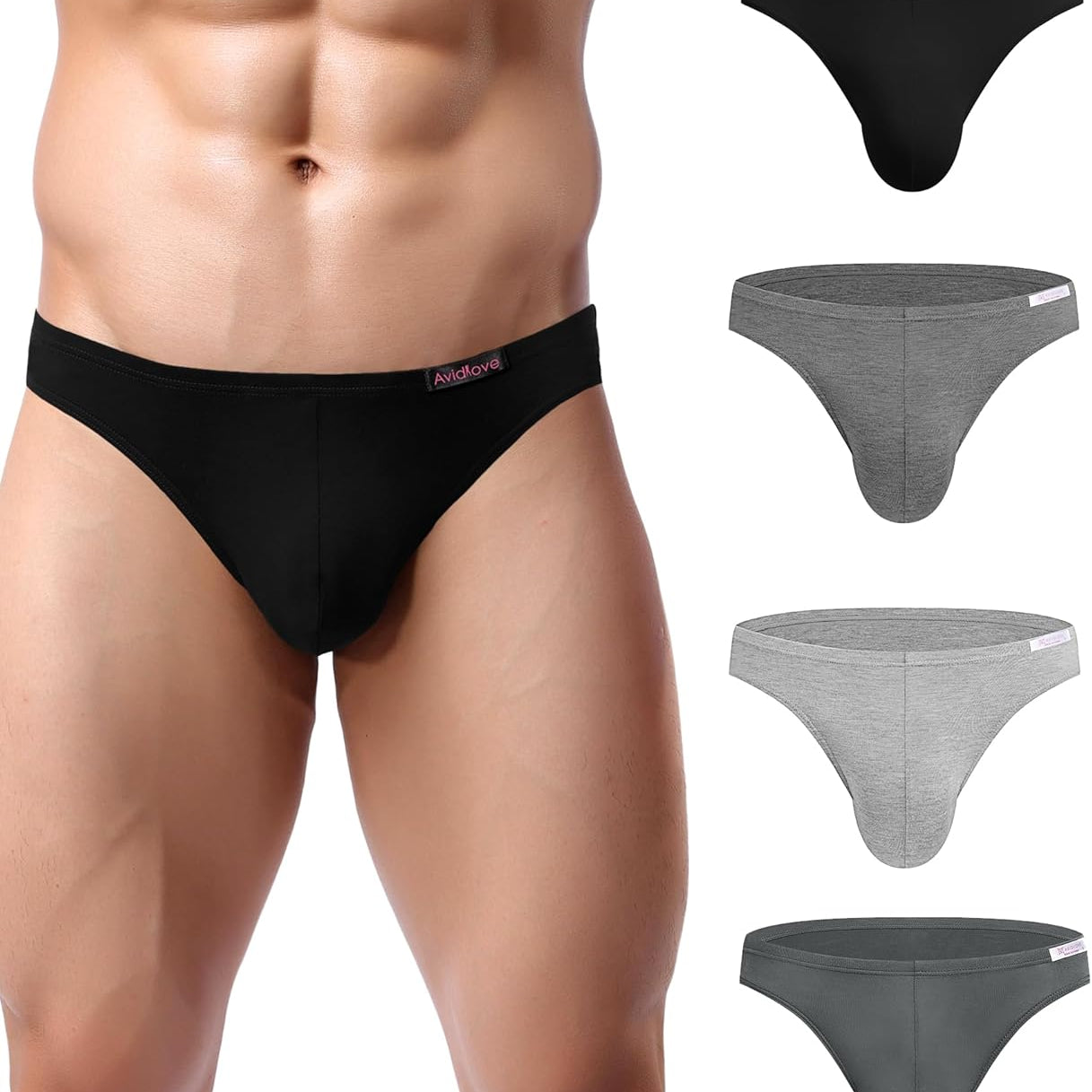 Men's low-rise hip briefs in black and gray shades