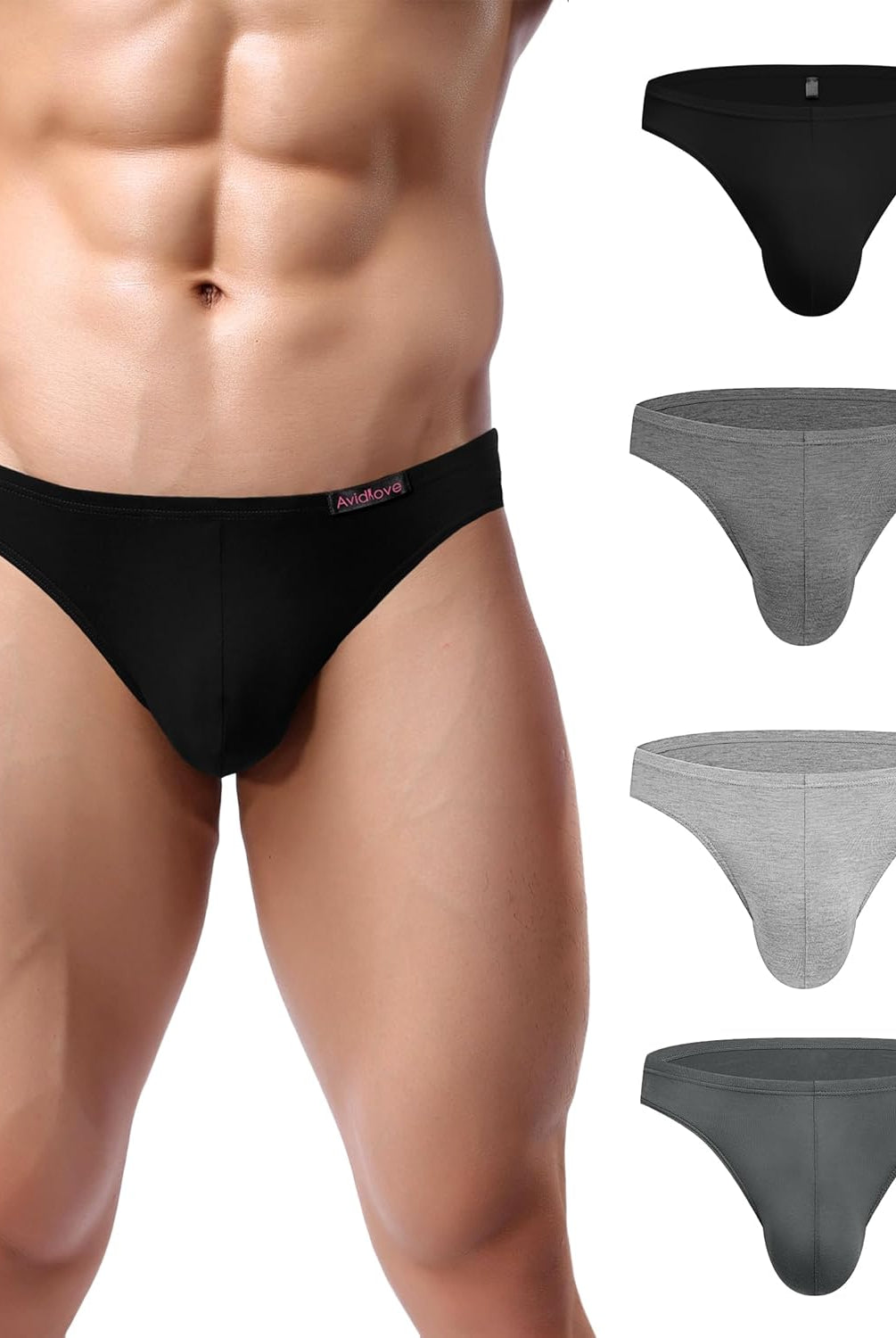 Men's low-rise hip briefs in black and gray shades