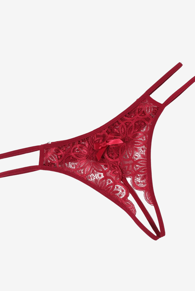 Red floral lace thong briefs with bow detail. Sexy low-rise design. Avidlove lingerie.