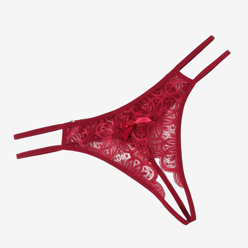 Red lace floral thong briefs with bow, semi-sheer cutwork and double strap sides.