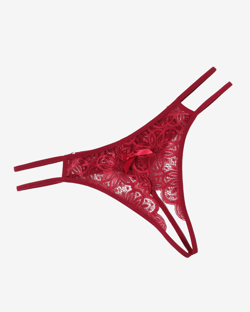 Red floral lace thong briefs with bow detail. Sexy low-rise design. Avidlove lingerie.
