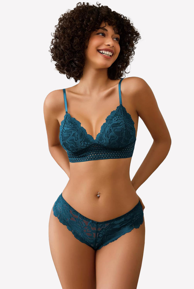 Teal floral lace bralette and panty set with adjustable straps for women