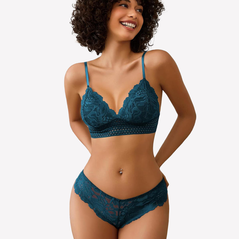 Teal floral lace bralette and panty set with adjustable straps for women