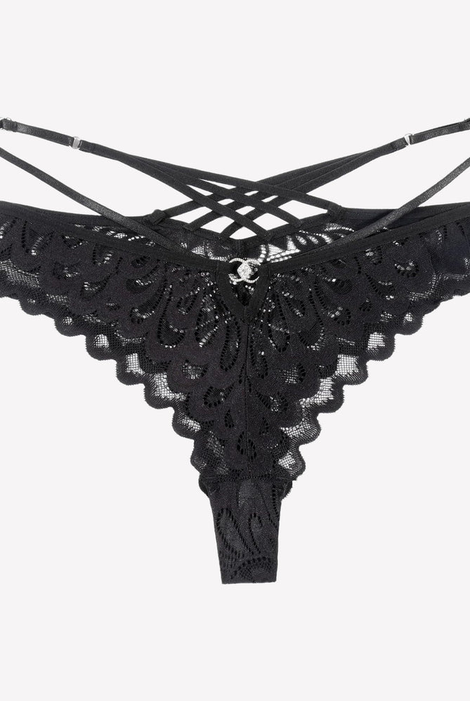 Black lace thong panties with criss-cross back design. Low-waist V-shaped. Sexy lingerie.