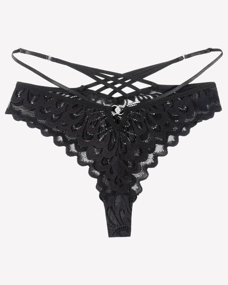 Black lace thong panties with criss-cross back design. Low-waist V-shaped. Sexy lingerie.