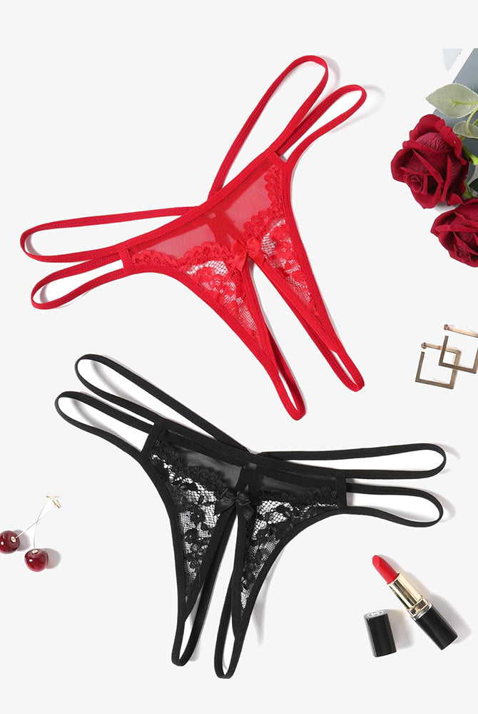 Avidlove red and black floral lace G-string panties, sexy lingerie with open design and bow detail.