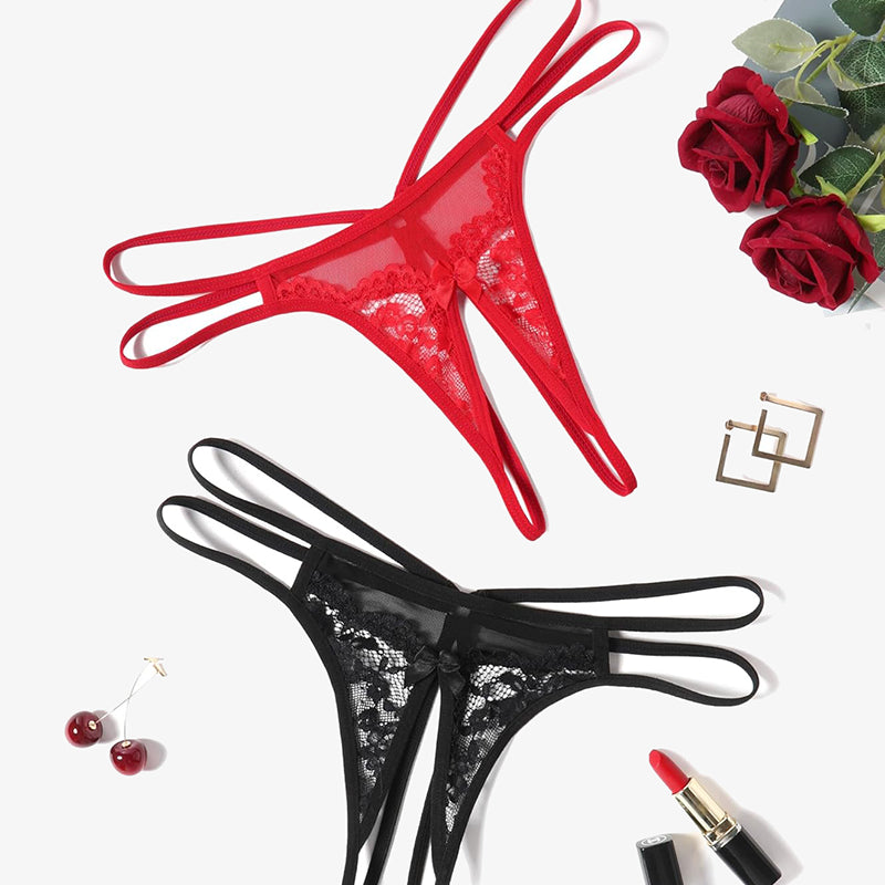 Avidlove red and black floral lace G-string panties, sexy lingerie with open design and bow detail.