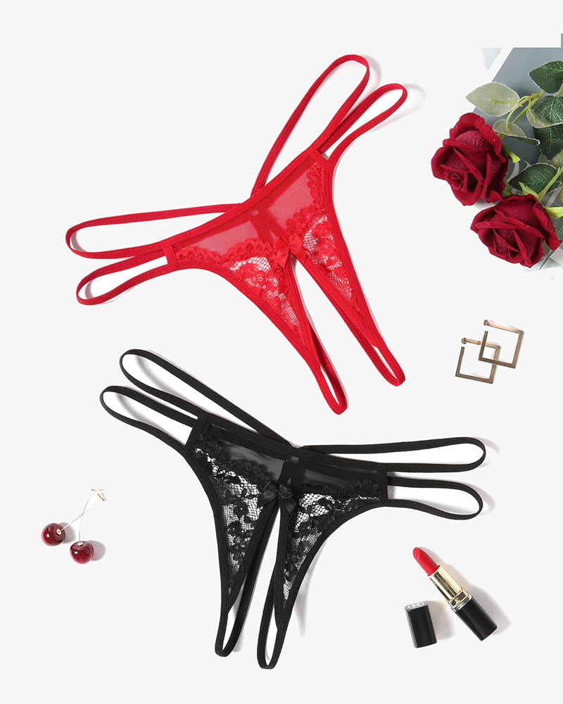Avidlove red and black floral lace G-string panties, sexy lingerie with open design and bow detail.