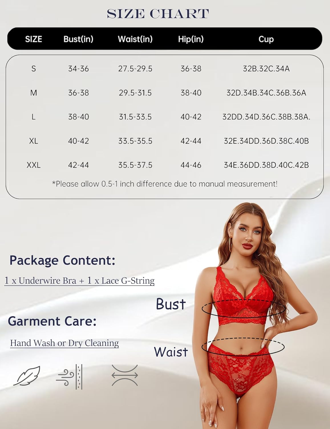 Red lace lingerie set with size chart, underwire bra and G-string, comfortable and alluring