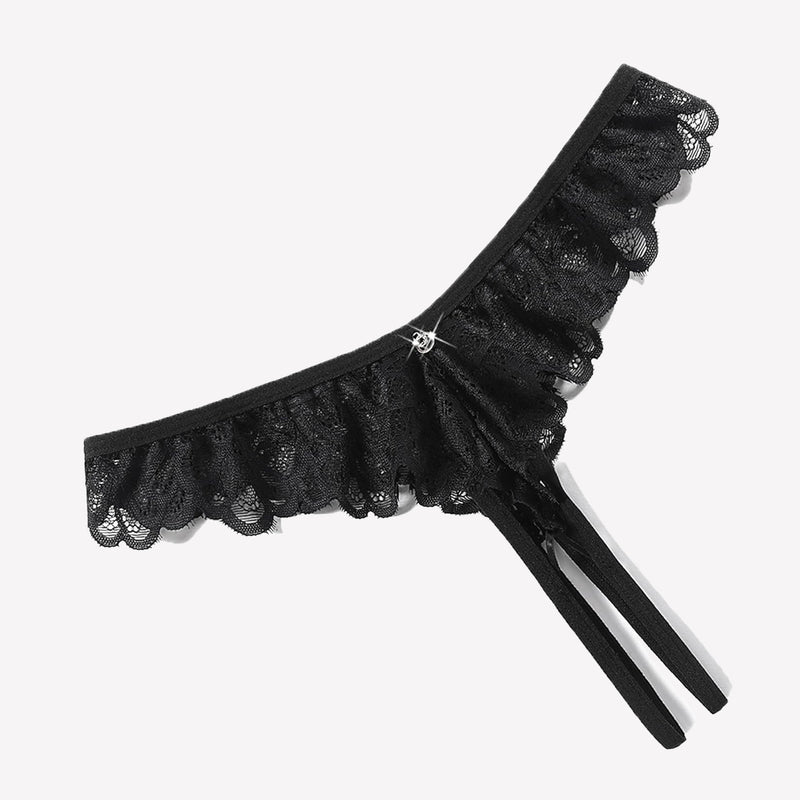 Black lace thong briefs with criss-cross design and rhinestone details