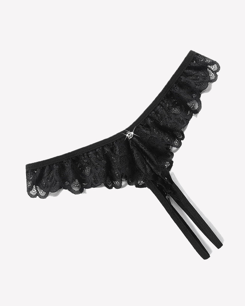 Black lace thong briefs with criss-cross design and rhinestone details