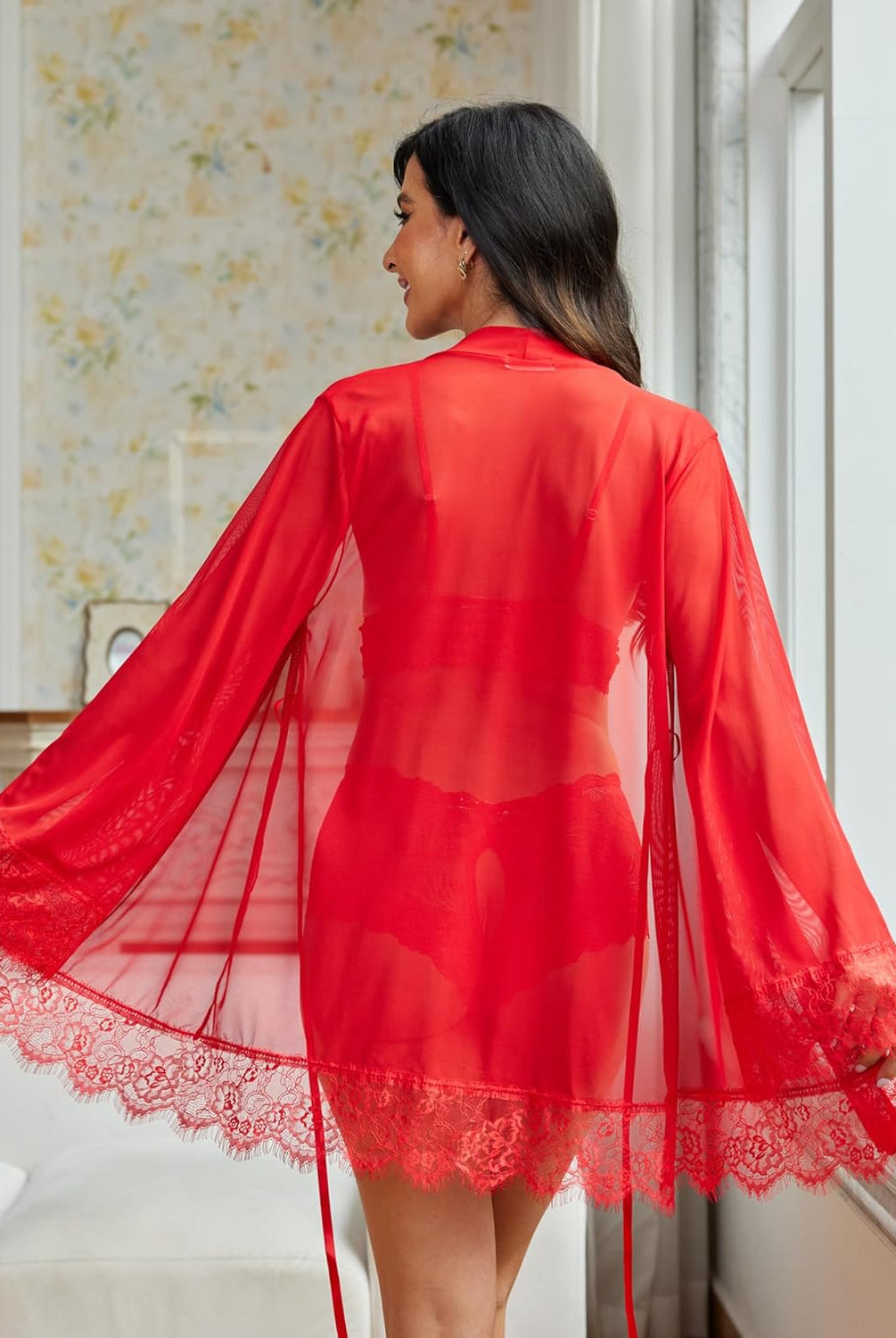 Avidlove red lingerie set: Sheer kimono robe with lace, bra, and panty; perfect for sleepwear
