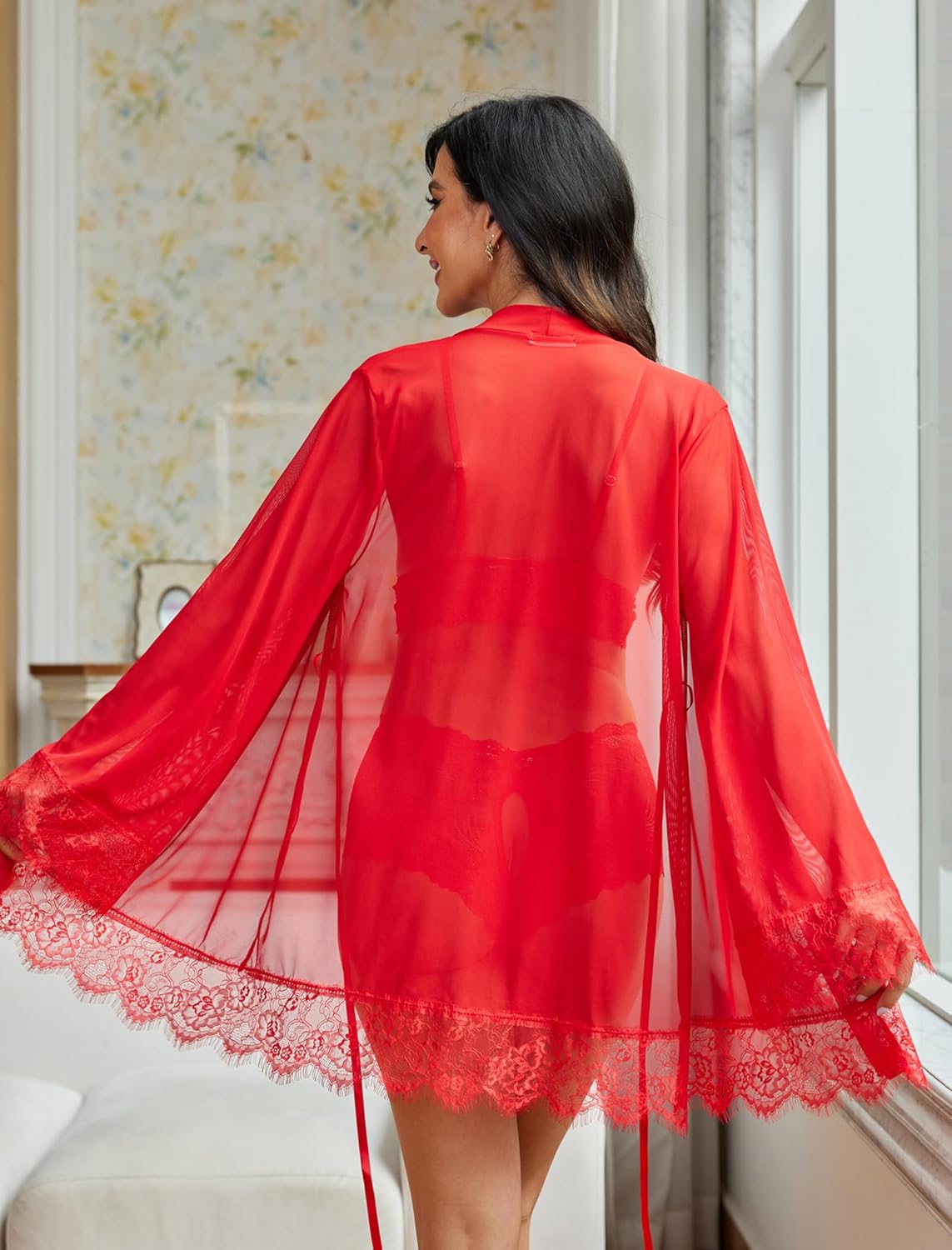 Avidlove red lingerie set: Sheer kimono robe with lace, bra, and panty; perfect for sleepwear