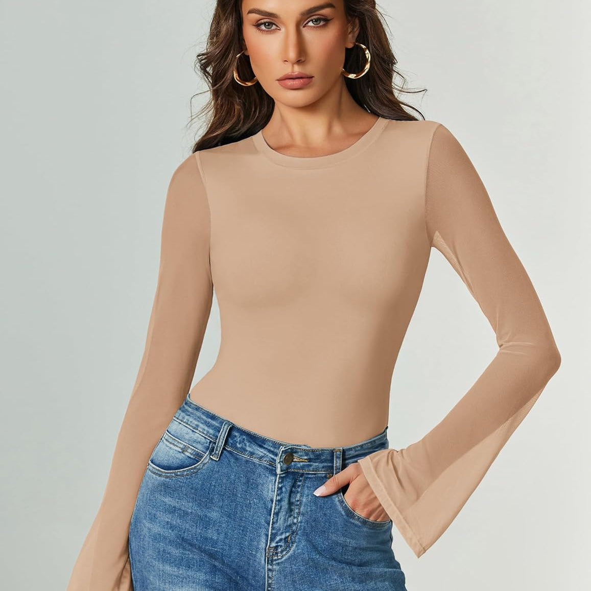 Bell Long Sleeve Bodysuits Mesh Leotard Tops