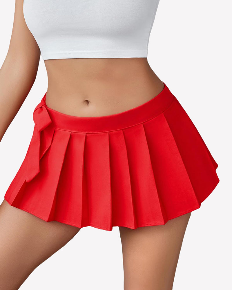 Red pleated mini skirt with side bow, role play outfit. Polyester Spandex, flirty and confident.