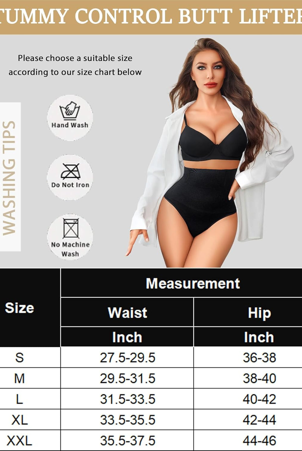 Black tummy control shapewear, featuring size chart and washing tips for smooth silhouette