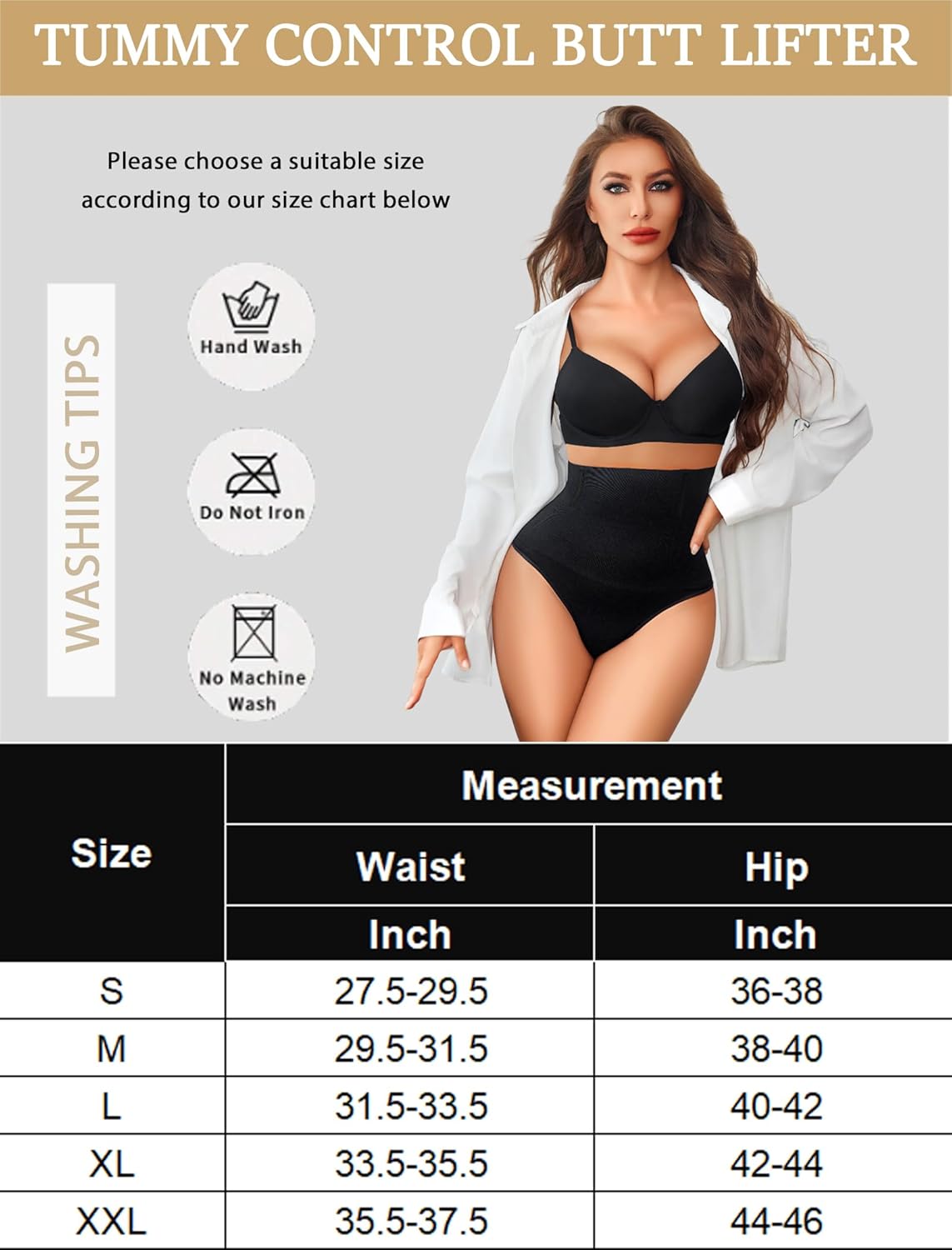 Black tummy control shapewear, featuring size chart and washing tips for smooth silhouette