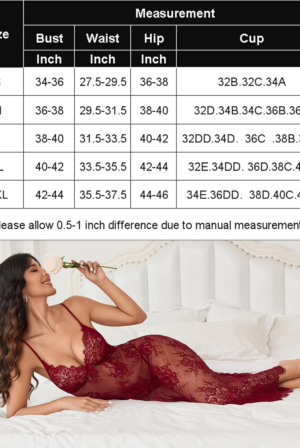 Burgundy lace halter lingerie dress, adjustable straps, size chart, for intimate moments.